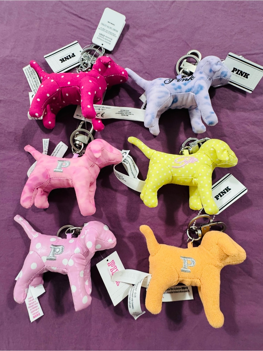 Set of 6 Victoria's Secret PINK Micro Dog Plush Keychain Charms)
